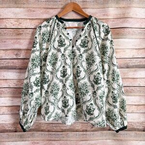 Mason's Daughter Women's Linen Blend Trellis Print Puff Sleeve Swing Top Size S